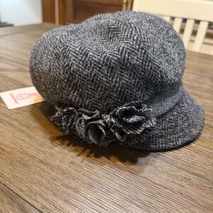 James Peter James Harris Tweed Wool Herringbone Newsboy Cap Gray Flower 9017 NEW